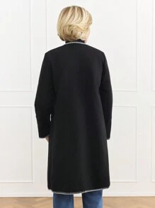 EMERY ROSE 女士撞色饰边前扣长袖口袋休闲大衣 - 黑色 - 查看 2