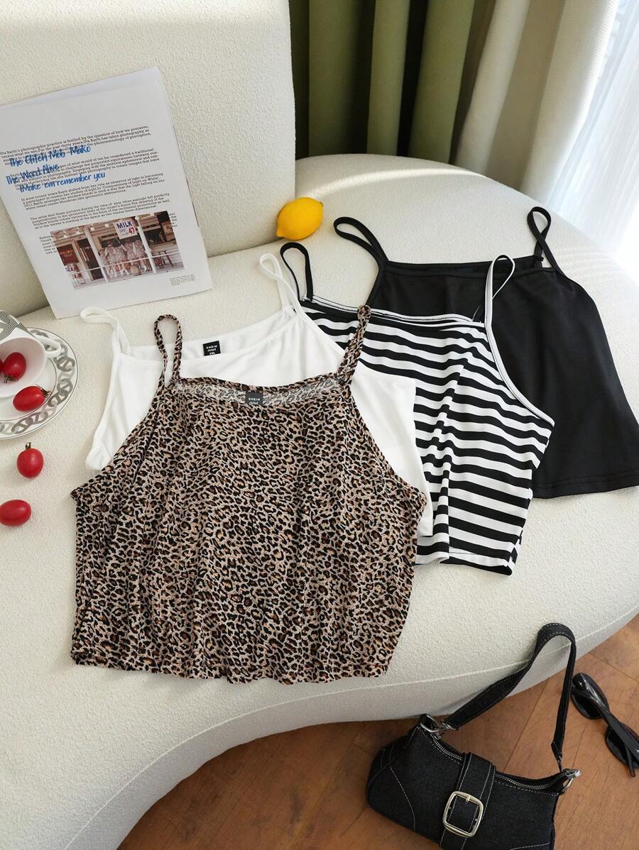 SHEIN EZwear Plus Size Summer Casual Tie Vintage Elastic Fitted Knit Cami Top Set For Spring