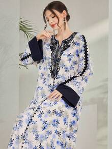 Al Najma Women's Floral Print Contrast Lace Flare Sleeve Maxi Arabian Dress Kaftan Jalabiya Dress - Multicolor - View 8