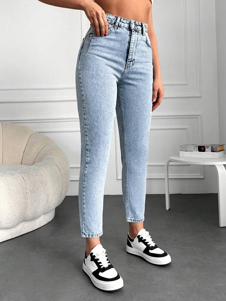 EURMUSE 100%Cotton Snow Washed Cropped Mom Fit Jeans - Light Wash - View 1