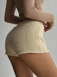 Aloruh Solid Color Fashionable Casual Cashmere Knit Shorts, Khaki - Khaki - View 4