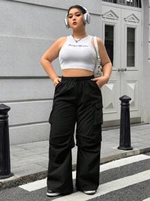 Quần ống đứng cạp cao lưng thun co giãn màu trơn cỡ lớn, thích hợp cho mùa xuân và mùa thu - màu đen - Xem 5