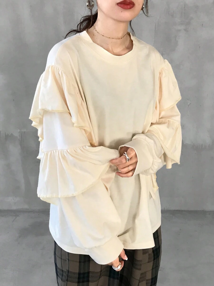 FRIFUL Camiseta Casual Solta Feminina de Manga Longa, Gola Redonda, Cor Sólida, com Recorte Franzido, Outono - Bege - Visão 1