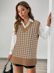 Chiquease Women's Houndstooth V-Neck Casual Knit Sweater Vest, Autumn/Winter - Brown - View 3