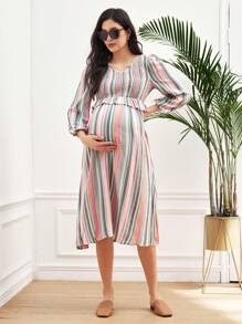 SHEIN 1 件孕妇泡泡袖条纹连衣裙，彩色 - 彩色 - 查看 4