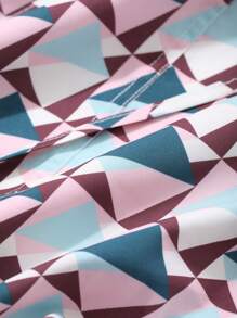 DAZY Women's V-Neck Geometric Print Lantern Sleeve High Slit Mid-Length Dress,Fall Dress Long Sleeve Dress - Multicolor - View 9