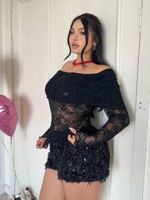 Flirla Áo cánh ren ôm sát tay dài hở vai cỡ lớn cho nữ - màu đen - Xem 4