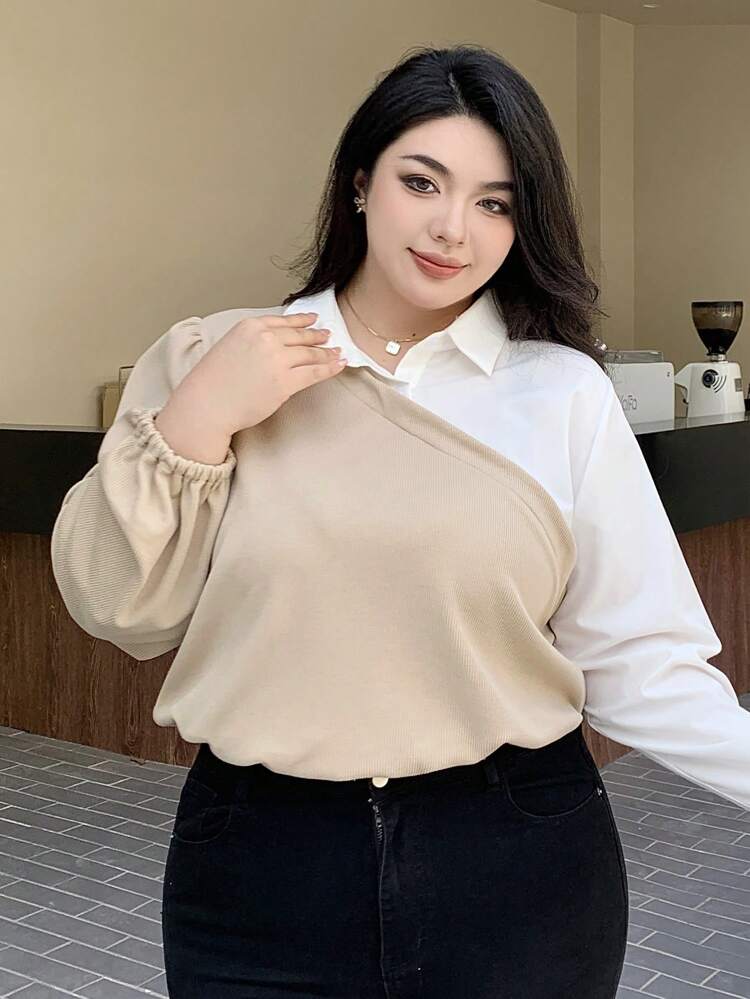 Dazy Plus Plus Size Patchwork Collared 2 In 1 Long Sleeve Blouse For Women, Spring/Summer/Autumn