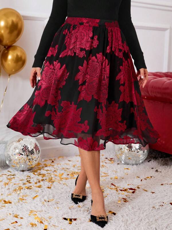 EMERY ROSE Plus Size Floral Patterned Minimalist A-Line Skirt,Christmas Clothes Women,New Years Women Outfit,Valentine's Day,Spring/Summer