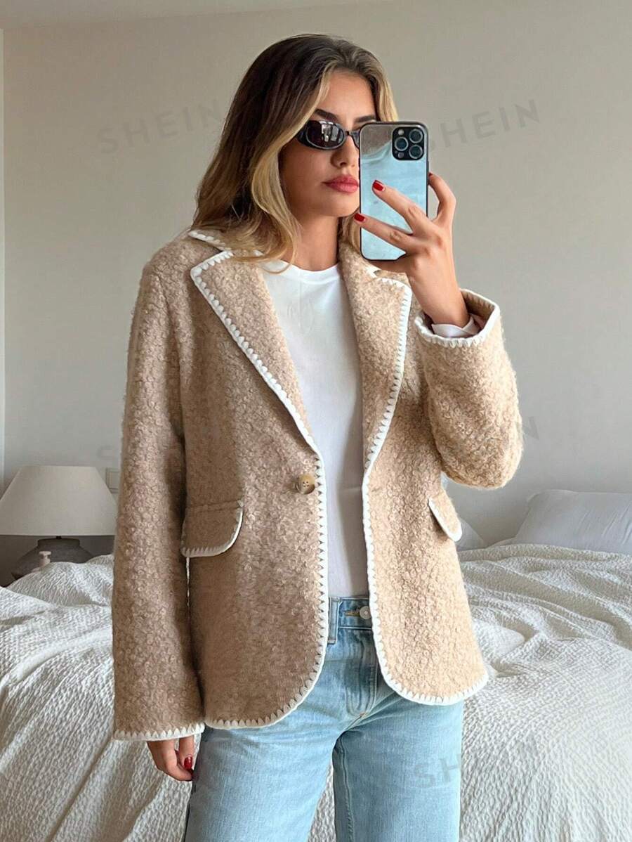 SHEIN Essnce Chaqueta informal de mujer de invierno de terciopelo tipo 'teddy' cálida y esponjosa con borde bordado en contraste, de manga larga y corte holgado
