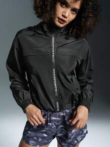 POWERISTA Powerista Dames Zwarte Letter Print Lange Mouw Ritssluiting Losse Casual Sportjas Voor Hardlopen & Dagelijkse Training