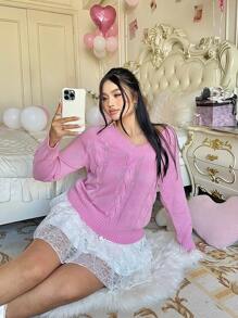 Flirla Plus Size Fashionable V-Neck Cable Knit Pullover Sweater For Women, Waisted Design, Pink, Suitable For Autumn/Winter - Pink - View 4