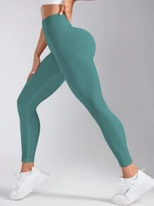 Easithlete Quần legging tập thể dục hàng ngày cạp cao trơn dành cho nữ - Màu xanh bụi bặm - Xem 5