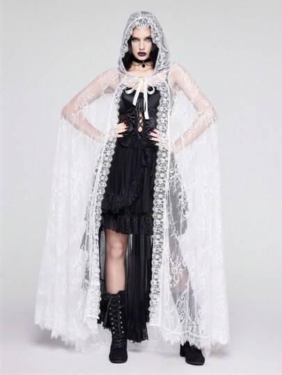 Goth Chaqueta regular con capucha de encaje y capa grande para mujer