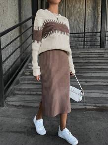 SHEIN Cottnline 2pcs Set Women Contrast Color Crew Neck Long Sleeve Top & Solid Color Slit Hem Knitted Mid Skirt - Dusty Pink - View 4