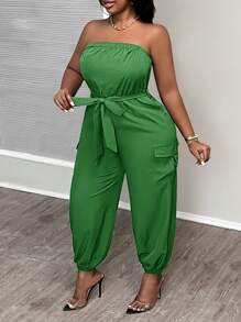 Slaydiva Mono informal de unicolor de talla grande para mujer, con estilo halter, cinturón, bolsillos y piernas acampanadas