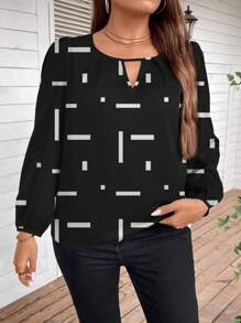 SHEIN LUNE Bluzka w rozmiarze plus size, swobodna, minimalistyczna, w paski, czarno-biały wzór, rękaw typu latarnia, dekolt w szpic, luźna, odpowiednia na jesień/zimę