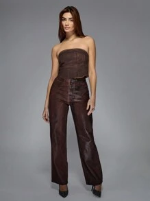 MISSGUIDED Wax Coated Denim Corset Top - Burgundy - View 3