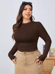 Solflare Plus Size Women Solid Color Long Sleeve Fitted T-Shirts Brown Long Sleeve Top Brown Top Chocolate Brown Top Brown Tops For Women Plus Size Brown Top,Fall Clothes For Women