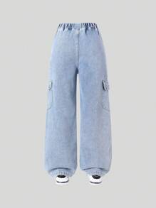 SHEIN Girls (8-16 Years) Casual Loose Straight Leg Comfy Washed Denim Cargo Pants, Essential All-Match Fashion Item, School, Campus, College Summer Holiday - Light Wash - View 2