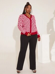 SHEIN SXY Plus Size Women Checkered Pattern Long Sleeve Single-Breasted Casual Cardigan, Autumn/Winter