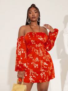 SHEIN SXY 大码女式红色新款中国风花卉印花露肩灯笼袖时尚连衣裙 - 紅色 - 查看 3