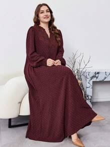 Al Najma Große Größen V-Ausschnitt Langarm Schweizer Punkt Maxikleid im arabischen Stil, elegantes bescheidenes Tunika Maxikleid, für Reisen/ Alltag/Zuhause/Urlaub