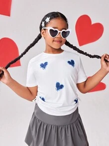 SHEIN Explorewe Tween Girls Shirred Heart Print Short Sleeve White T-Shirt With Unique Structural Design, Suitable For Outings, School And All Seasons - White - View 3