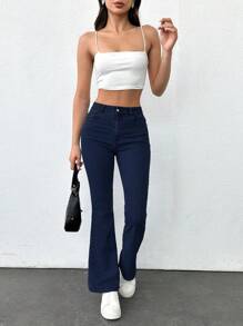 SHEIN PETITE CASUAL HIGH RISE SKINNY FLARED JEANS - Dark Wash - View 5