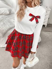 SHEIN Unity 2 件套修身格子蝴蝶结装饰服装，适合圣诞节、秋冬季 - 紅白色 - 查看 7