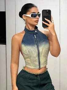 SHEIN ICON Atasan Tanpa Punggung Denim Ombre Washed Kerah Tegak Ukuran Kecil Wanita Gaya Y2k dengan Resleting Ganda - Light Wash - View 6