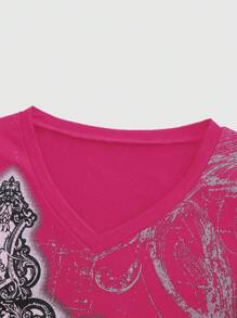 ROMWE Goth Camiseta de manga larga con cuello en V casual de color rosa con estampa cruzada, para otoño