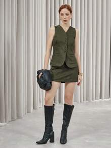 SHEIN Privé Women's Suede Vest + Mini Skirt 2 Pieces Set, Minimalist Style, Great For Valentine's Day, Spring - Olive Green - View 3