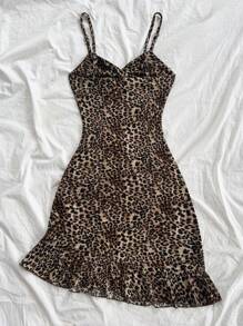Soleia Women's Fashionable Sexy Leopard Print Twist Front Asymmetrical Ruffle Hem Bodycon Mini Dress, Suitable For Party - Multicolor - View 2