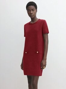 BizChic Women Metal Button Crew Neck Short Sleeve Straight Casual Sweater Dress Fall Women Outfits Winter Women Clothes - Burgundy - View 4