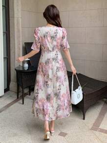 DAZY V-Neck Floral Print Puff Sleeve Mid-Length Dress For Women