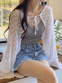 DAZY Women's Textured Fabric Ultra Short Cardigan, White, Spring/Summer - White - View 1