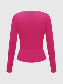 ROMWE Goth Camiseta de manga larga con cuello en V casual de color rosa con estampa cruzada, para otoño