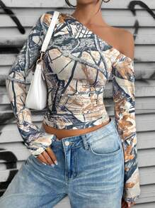 Chiquease Women's American Casual Asymmetrical Neck Sexy Hollow Leaf Printed T-Shirt Graphic Tees Women Tops - Coffee Brown - View 5