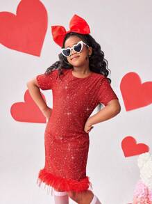 Vestidos para niñas preadolescentes - Vestido de manga corta con empalme, cuello de piel sintética y tela brillante en rojo elegante y de estilo callejero para niñas preadolescentes. Con un diseño glamoroso y encantador, adecuado para fiestas de Año Nuevo, salidas, San Valentín y todas las estaciones.