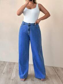 EURMUSE 100% Cotton HIGH WAIST WIDE LEG CUT PLUS SIZE  JEAN - Dark Wash - View 5