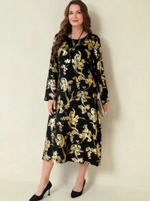 SHEIN Clasi Robe maxi femme grande taille élégante avec imprimé floral en feuille d'or