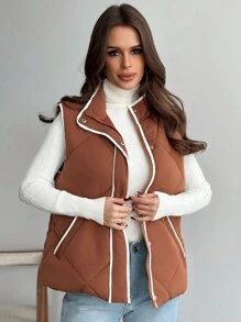 SHEIN Privé Women's Casual Warm Quilted Cotton Padded Vest With Contrasting Trim And Pockets, Suitable For Autumn/Winter Home Wear - Rust Brown - View 3