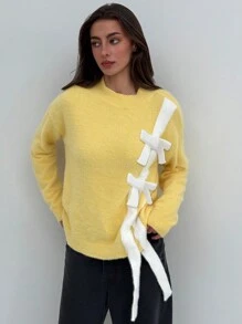 Aloruh Ladies' Pink Bow Detail Loose Knit Sweater, Warm For Autumn & Winter - Pink - View 6