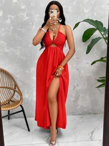 SOLERSUN Crisscross Tie Backless Halter Swing Dress For New Year Clothes Maxi Women Outfit - Red - View 5