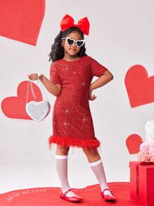 Vestidos para niñas preadolescentes - Vestido de manga corta con empalme, cuello de piel sintética y tela brillante en rojo elegante y de estilo callejero para niñas preadolescentes. Con un diseño glamoroso y encantador, adecuado para fiestas de Año Nuevo, salidas, San Valentín y todas las estaciones.