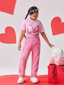 Conjunto de 2 piezas para niñas preadolescentes que incluye camiseta de manga corta con estampado de corazón rosa y pantalones largos con textura de mezquita, diseño de moda y alegre adecuado para la escuela, salidas, primavera/verano