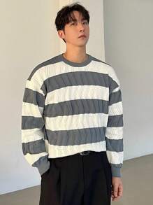 DAZY 休闲男士灰白条纹套头衫，简约时尚日常穿着，秋冬 - 彩色 - 查看 4