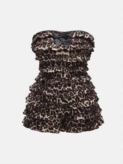 Grunge Punk Plus Size Women Y2K Harajuku Leopard Print All-Over Ruffle Hem Mini Playsuit