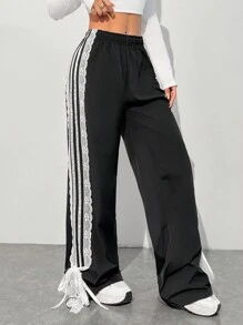 Muchica 女士松紧腰侧条纹阔腿宽松休闲裤